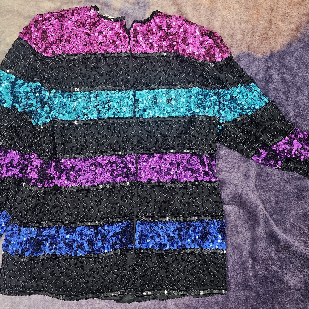Sequin Stripe Black Jacket with Fuchsia, Teal & Royal Blue Bands